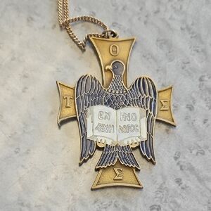 Holy Cross Gold-Tone Double-Headed Eagle Pendant Necklace Greek Orthodox